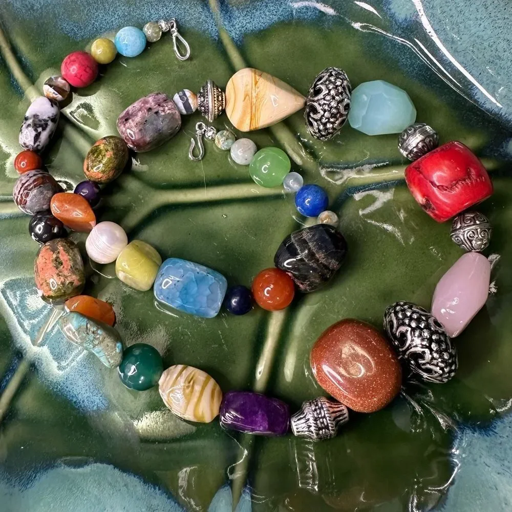 Handmade Genuine Multi Gemstone Chunky Beads Blessingway Necklace 22” 925 Silver